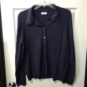 Nine West Navy Ribbed Button Down Collared Cardigan Sz XXL